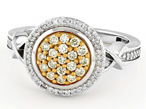 Natural Yellow And White Diamond 10k White Gold Cluster Ring 0.45ctw