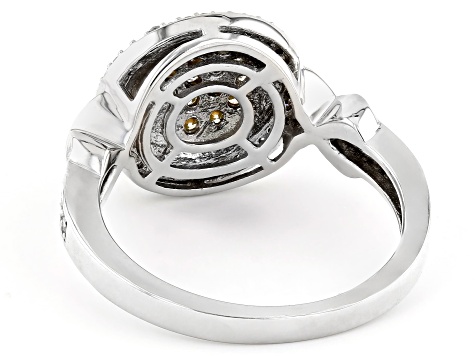 Natural Yellow And White Diamond 10k White Gold Cluster Ring 0.45ctw
