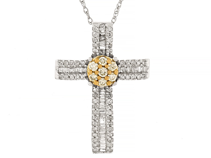Natural Yellow And White Diamond 10k White Gold Cross Slide Pendant With Rope Chain 0.50ctw