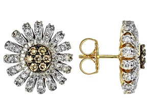 White And Champagne Diamond 10k Yellow Gold Stud Earrings 2.00ctw