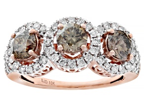 Champagne And White Diamond 10k Rose Gold 3-Stone Halo Ring 2.10ctw