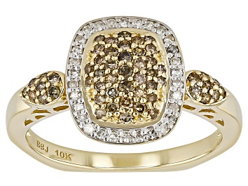 Picture of Champagne And White Diamond 10k Yellow Gold Cluster Ring 0.50ctw