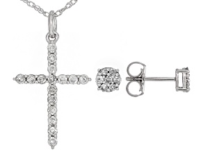 White Diamond 10k White Gold Cross Pendant And Stud Earring Set 0.50ctw