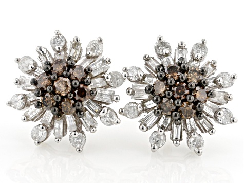 Champagne And White Diamond 10k White Gold Stud Earrings 1.00ctw