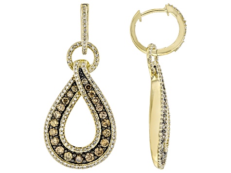 Champagne And White Diamond 10k Yellow Gold Dangle Earrings 2.00ctw