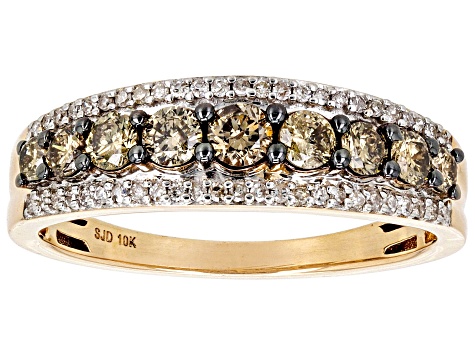 Champagne And White Diamond 10k Yellow Gold Band Ring 0.75ctw