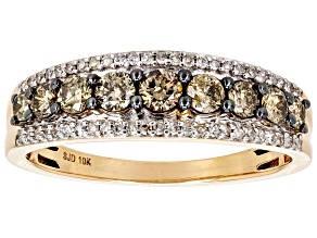 Champagne And White Diamond 10k Yellow Gold Band Ring 0.75ctw