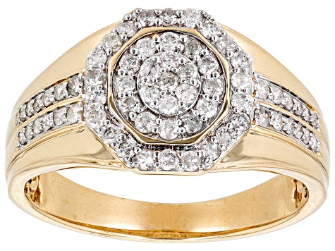 White Diamond 10K Yellow Gold Mens Ring 0.66ctw