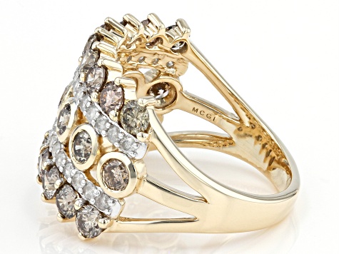 Champagne And White Diamond 10k Yellow Gold Multi-Row Ring 2.25ctw