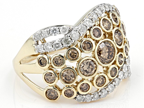 Champagne And White Diamond 10k Yellow Gold Wide Band Ring 2.00ctw