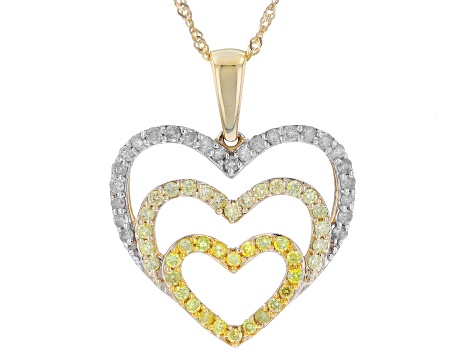 Shades Of Yellow And White Diamond 10k Yellow Gold Heart Pendant With 18" Rope Chain 0.65ctw