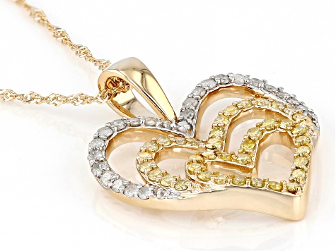 Shades Of Yellow And White Diamond 10k Yellow Gold Heart Pendant With 18" Rope Chain 0.65ctw