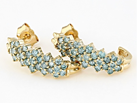 Ice Blue Diamond 10k Yellow Gold J-Hoop Earrings 1.00ctw