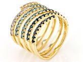 Shades Of Blue And White Diamond 10k Yellow Gold Wide Band Coil Ring 1.50ctw