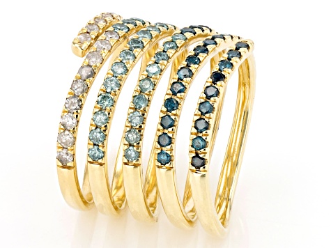 Shades Of Blue And White Diamond 10k Yellow Gold Wide Band Coil Ring 1.50ctw
