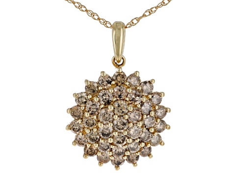 Champagne Diamond 10k Yellow Gold Cluster Pendant With 18" Rope Chain 1.00ctw