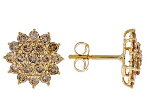 Champagne Diamond 10k Yellow Gold Cluster Earrings 1.00ctw
