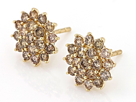 Champagne Diamond 10k Yellow Gold Cluster Earrings 1.00ctw