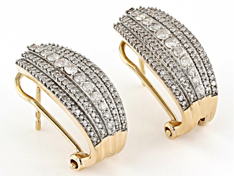 White Diamond 10k Yellow Gold J-Hoop Earrings 0.95ctw