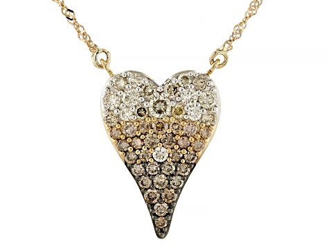 Shades Of Champagne And White Diamond 10k Yellow Gold Heart Necklace With 18" Chain 0.75ctw