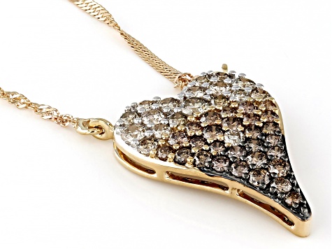 Shades Of Champagne And White Diamond 10k Yellow Gold Heart Necklace With 18" Chain 0.75ctw