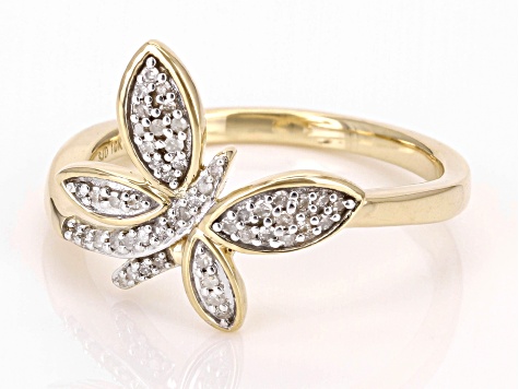 White Diamond 10k Yellow Gold Butterfly Ring 0.15ctw