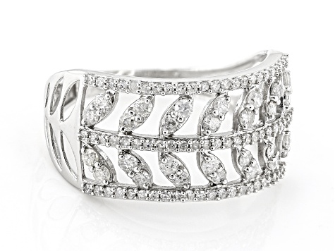 White Diamond 10k White Gold Wide Band Floral Ring 0.65ctw