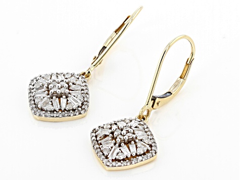 White Diamond 10k Yellow Gold Dangle Earrings 0.80ctw