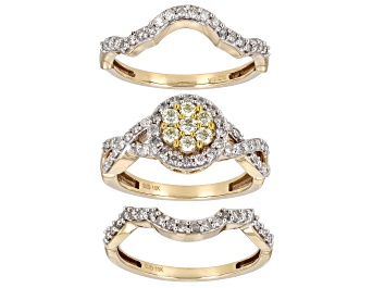 Picture of Natural Yellow And White Diamond 10k Yellow Gold Halo Ring With 2 Matching Bands 1.25ctw