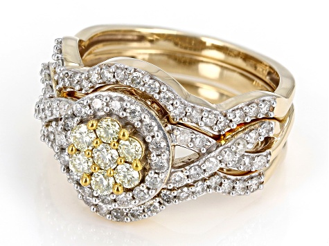 Natural Yellow And White Diamond 10k Yellow Gold Halo Ring With 2 Matching Bands 1.25ctw
