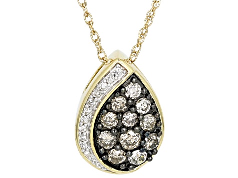 Champagne And White Diamond 10k Yellow Gold Teardrop Pendant With 18" Chain 0.50ctw