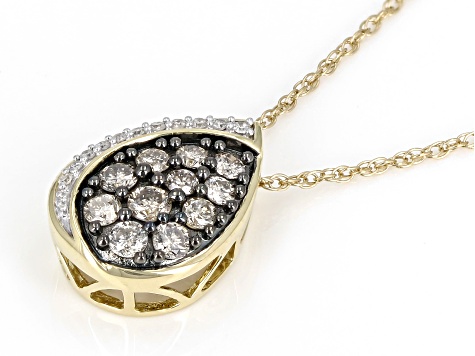 Champagne And White Diamond 10k Yellow Gold Teardrop Pendant With 18" Chain 0.50ctw