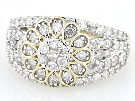White Diamond 10k Yellow Gold Floral Ring 1.50ctw
