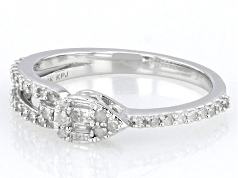 Round And Baguette White Diamond 10k White Gold Band Ring 0.33ctw