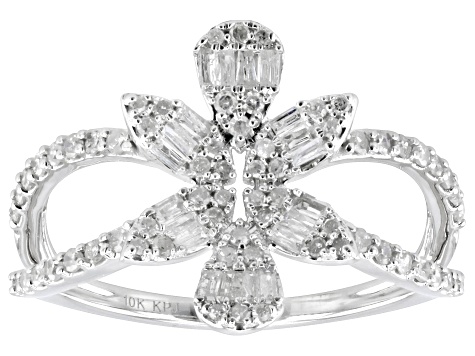 Round And Baguette White Diamond 10k White Gold Cluster Ring 0.50ctw
