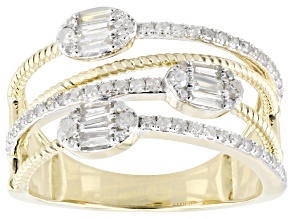 Round And Baguette White Diamond 10k Yellow Gold Open Design Wide Band Ring 0.50ctw