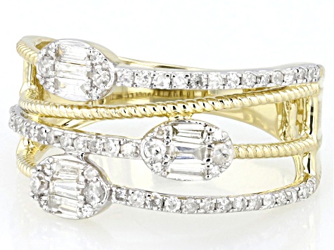 Round And Baguette White Diamond 10k Yellow Gold Open Design Wide Band Ring 0.50ctw