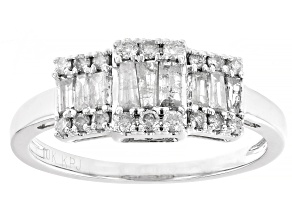Baguette And Round White Diamond 10k White Gold Ring 0.55ctw