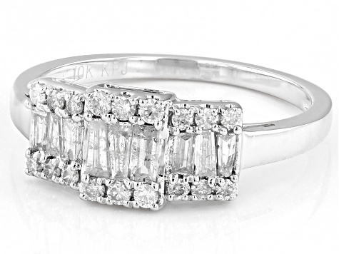 Baguette And Round White Diamond 10k White Gold Ring 0.55ctw