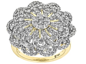 Round White Diamond 10k Yellow Gold Cluster Ring 1.50ctw