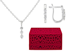 Lab-Grown Diamond G-H VS Sterling Silver 3-Stone Pendant And Earring Set W/Red Velvet Box 0.50ctw
