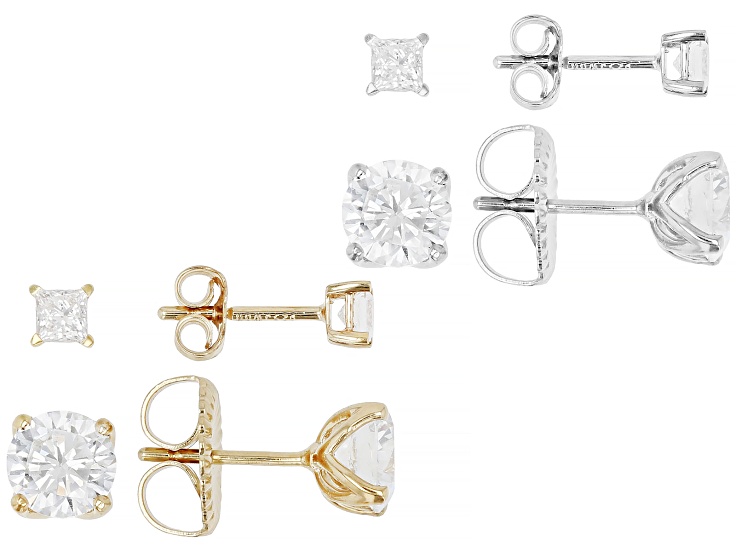 White Lab-Grown Diamond GH SI Rhodium, 14K Gold Over Silver Solitaire Earrings Set/4 Pairs 4.16ctw