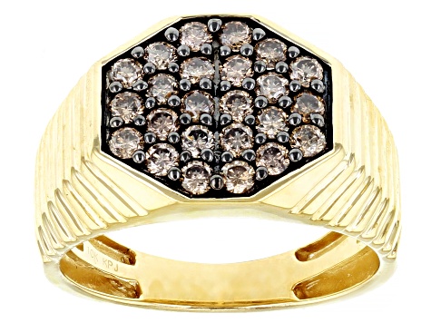 Champagne Diamond 10k Yellow Gold Men's Cluster Ring 1.00ctw