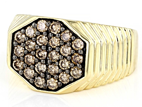 Champagne Diamond 10k Yellow Gold Men's Cluster Ring 1.00ctw