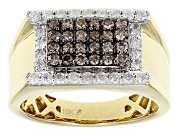 Picture of Champagne And White Diamond 10k Yellow Gold Mens Cluster Ring 1.00ctw