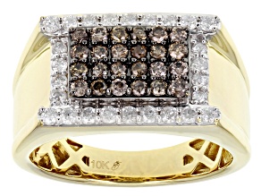 Champagne And White Diamond 10k Yellow Gold Mens Cluster Ring 1.00ctw