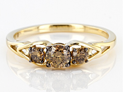 Champagne Diamond 10k Yellow Gold 3-Stone Ring 0.52ctw