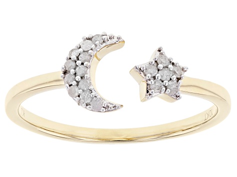 White Diamond 10k Yellow Gold Star And Moon Cuff Ring 0.12ctw