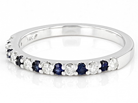 Blue Sapphire & White Diamond 14k White Gold September Birthstone Band Ring 0.42ctw