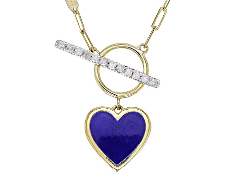 White Diamond Accent And Blue Ceramic 10k Yellow Gold Toggle Design Heart Necklace